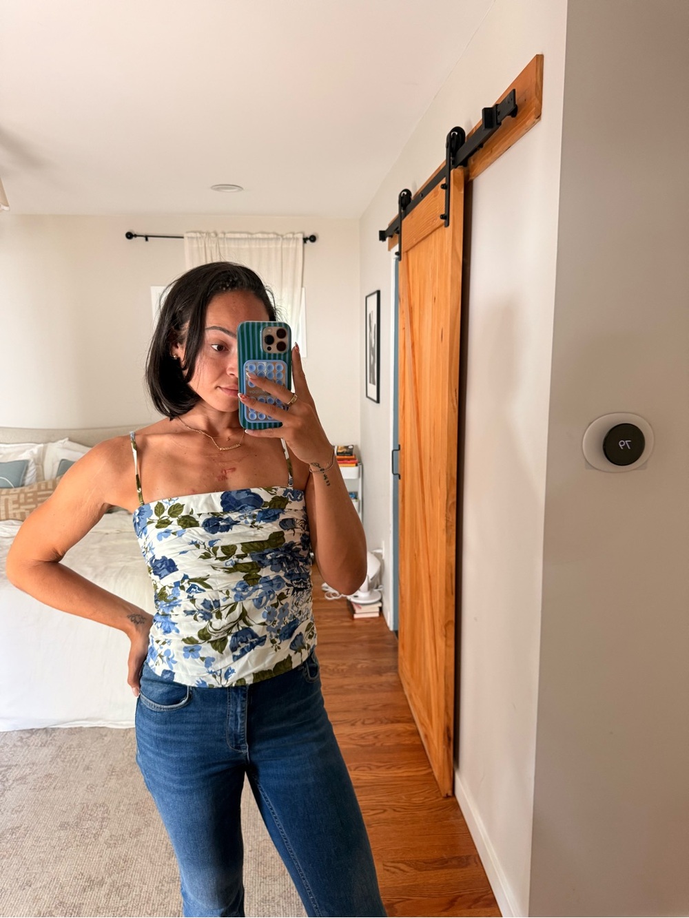 Reformation Blue & Green Floral Square-Neck Cami